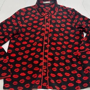 Alice + Olivia Black Blouse with Red Lip Pattern